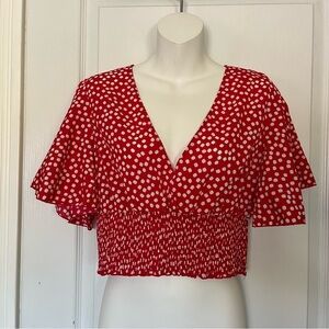 Shein Red Floral V-Neck Women's Top Ruffles Large